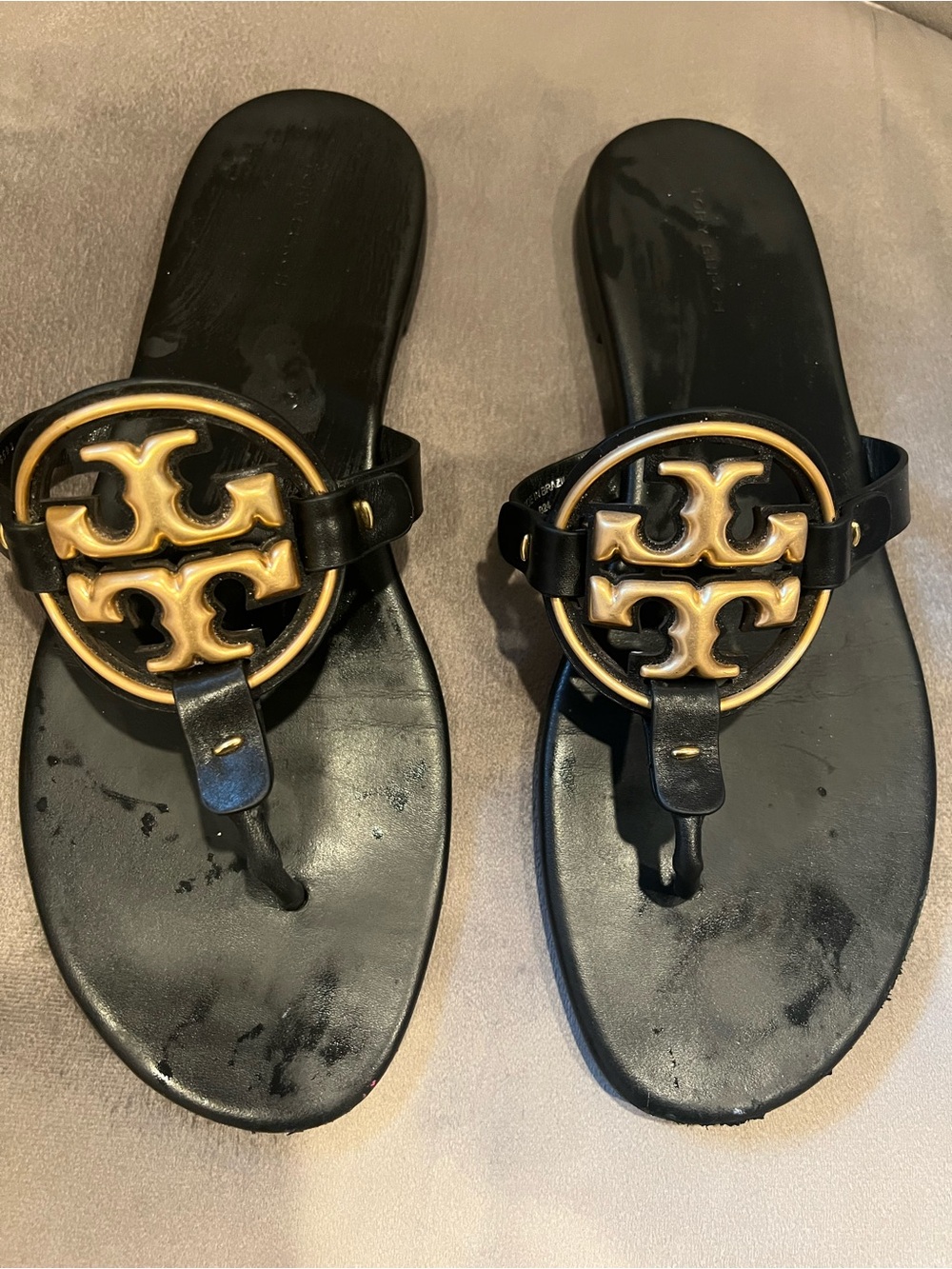 Tory Burch Black Sandal with Gold Logo Medallion